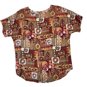 Vintage 90s Rayon Art Shirt Southwestern Abstract Print Blouse USA Womens L